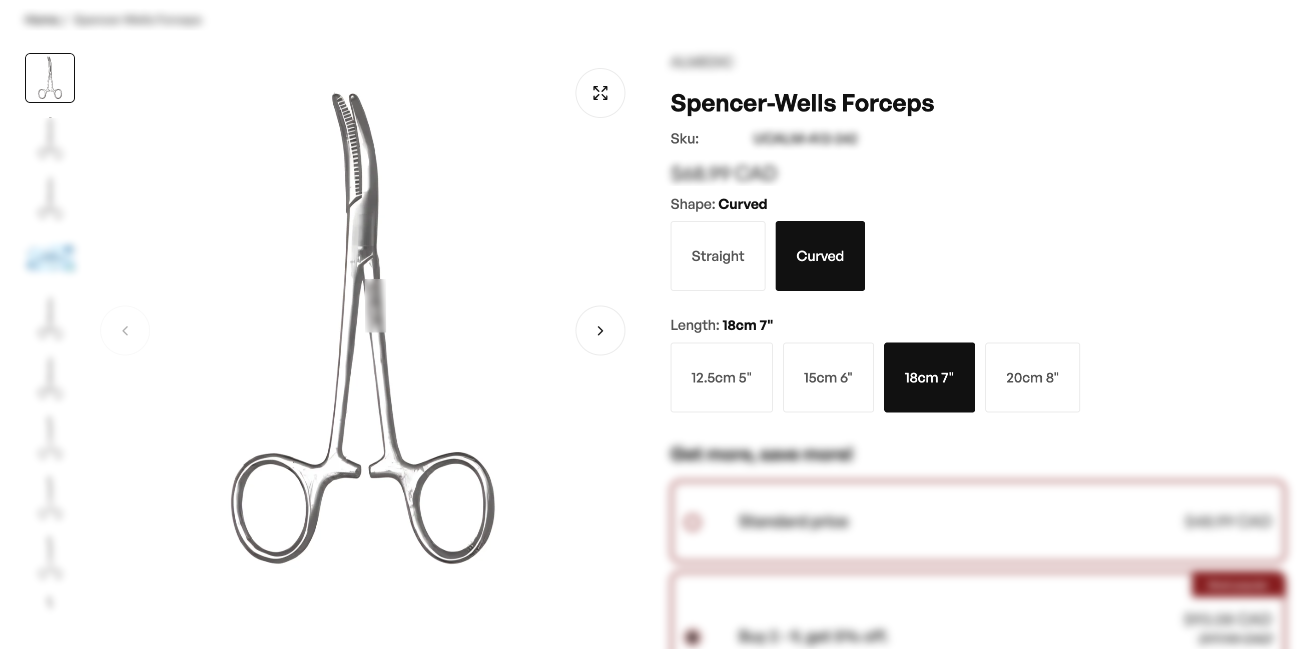Redacted Shopify product page screenshot showing uploaded bandage scissors listing with color variants