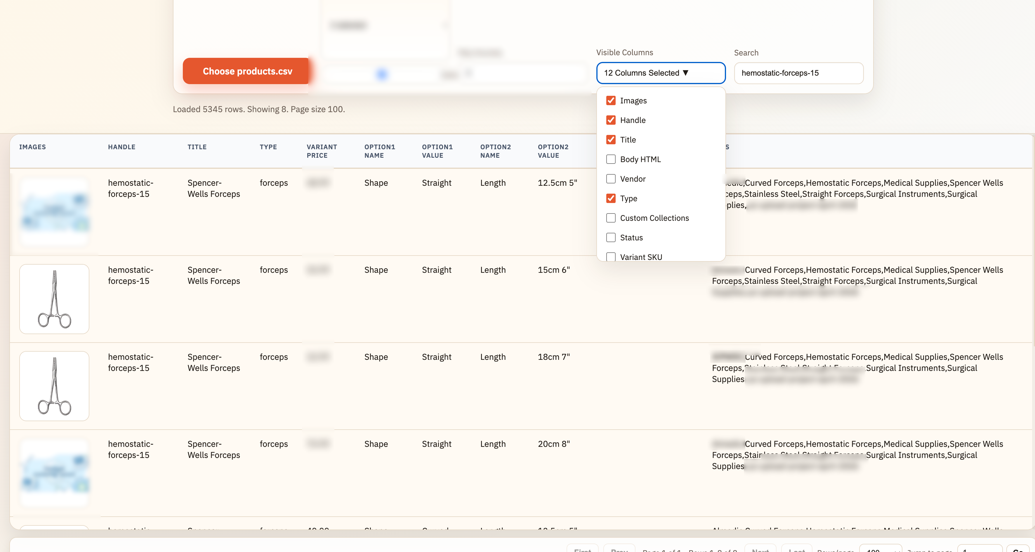 Redacted custom catalog export viewer showing product images, Shopify-ready columns, search, and visible column controls