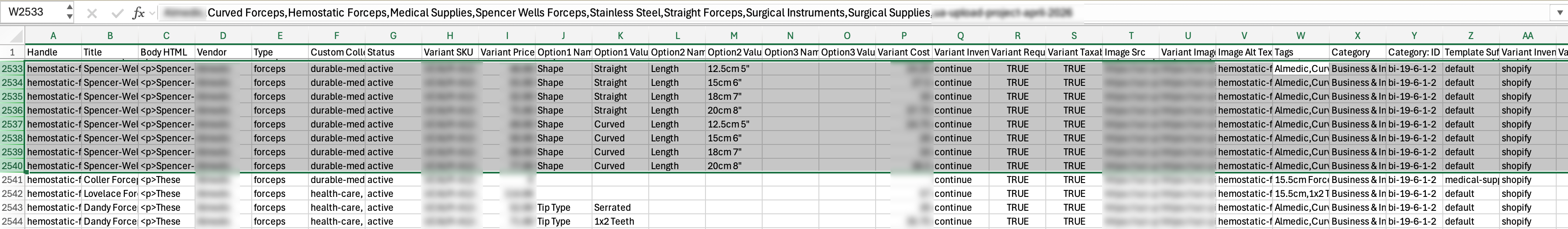 Redacted spreadsheet screenshot showing Shopify upload-ready product rows with variants, tags, categories, and image fields